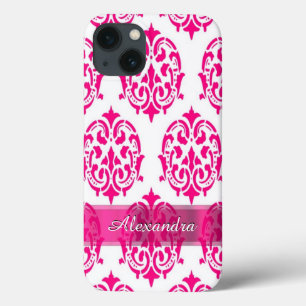 Pretty hot pink and white personalised damask iPhone 13 case