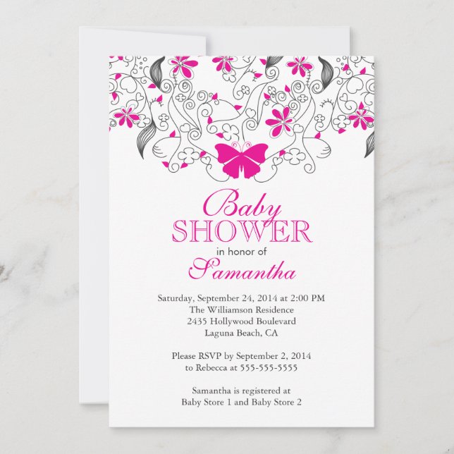 Pretty Hot Pink Butterfly Baby Girl Baby Shower Invitation (Front)