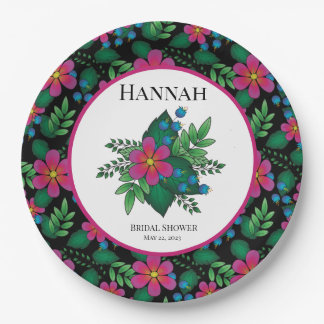 Pretty Hot Pink Floral on Black  Paper Plate
