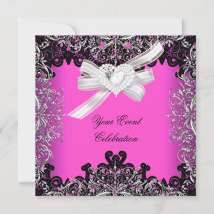 Pretty Hot Pink White Black Lace Elegant Party Invitation