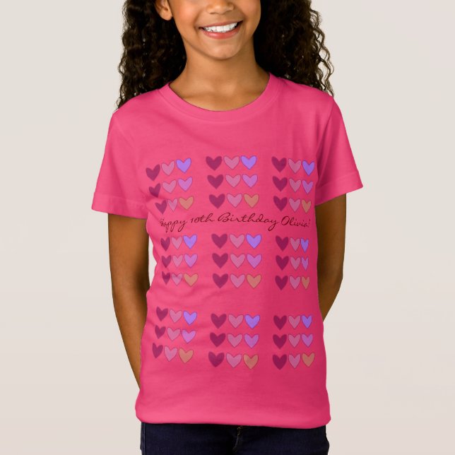 Pretty Hot Pink With Hearts BirthdayColorful Girls T-Shirt (Front)