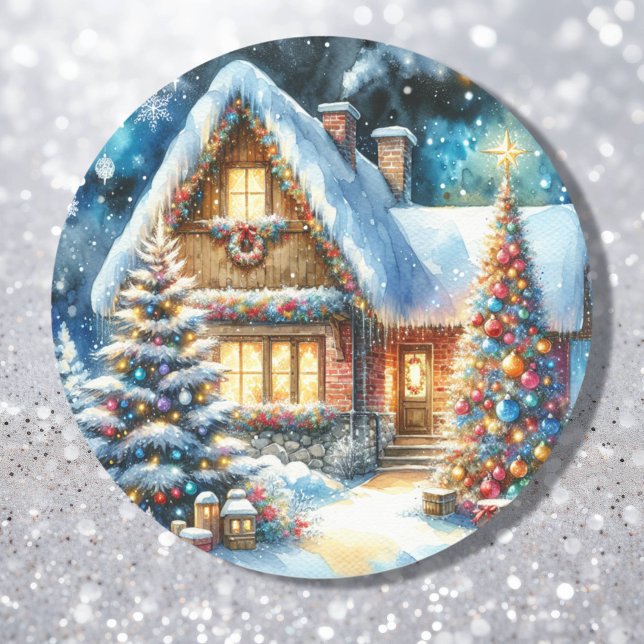 Pretty House Decorated in Festive Christmas Décor Classic Round Sticker (Creator Uploaded)