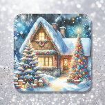 Pretty House Decorated in Festive Christmas Décor Square Sticker<br><div class="desc">Christmas stickers. Pretty festive house with Christmas trees and a snow covered roof watercolor style ai illustration.</div>