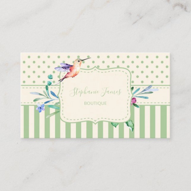 Pretty Hummingbird Floral and Stripes Boutique Business Card (Front)