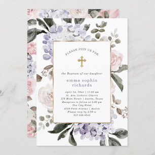 Pretty Hydrangea Flowers   Photo Back Baptism Invitation