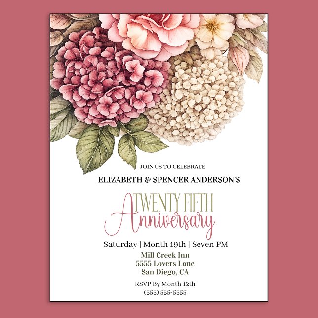 Pretty Hydrangea Rose 25th Anniversary  Invitation (Pretty Hydrangea and Rose 25th Wedding Anniversary Party Invitation.)
