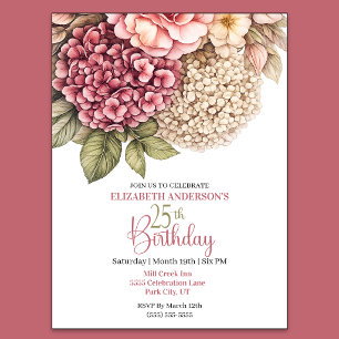 Pretty Hydrangea Rose 25th Birthday Invitation