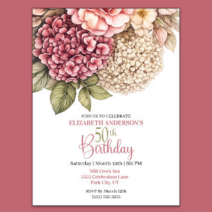 Pretty Hydrangea Rose 50th Birthday Invitation