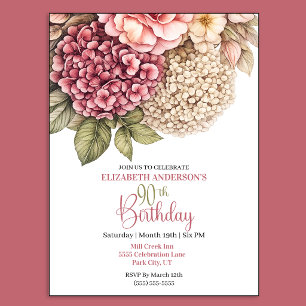 Pretty Hydrangea Rose 90th Birthday Invitation