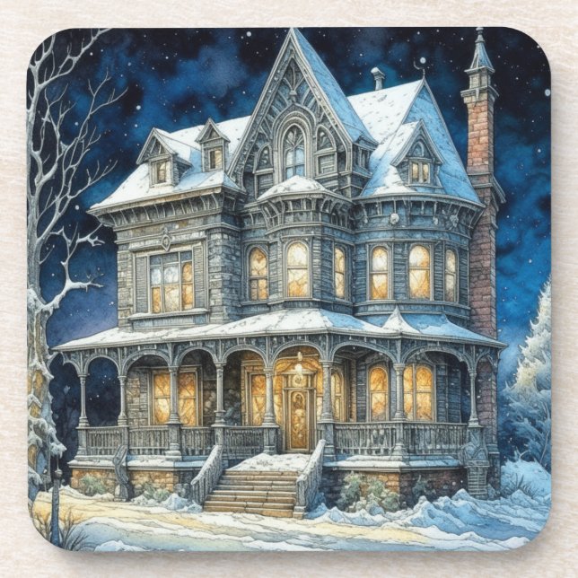 Pretty Illuminated Christmas House Coaster (Front)