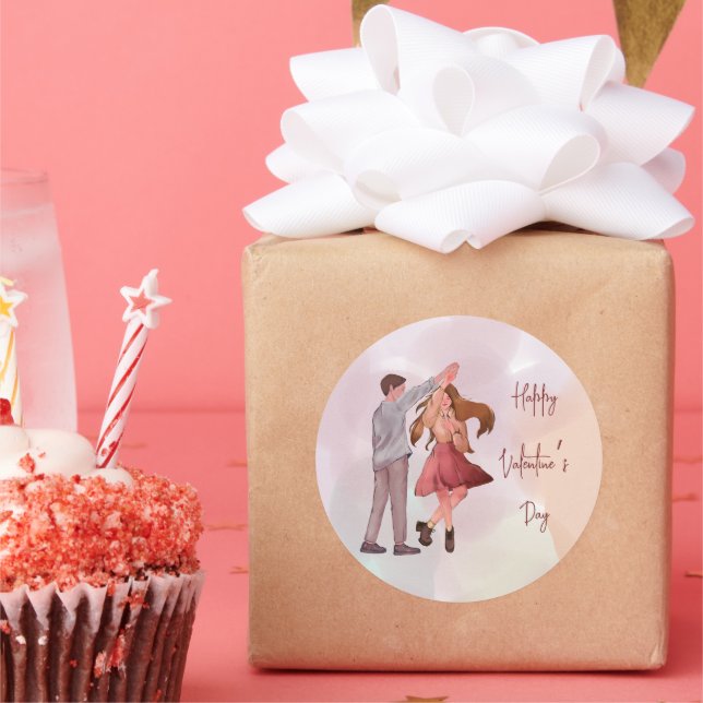 Pretty Illustrated Dancing Couple Valentine’s Day Classic Round Sticker (Party)