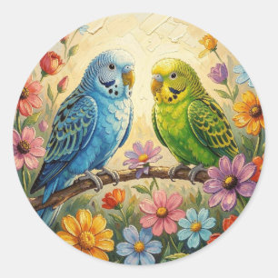 Pretty Impasto Blue and Green Parakeets   Classic Round Sticker