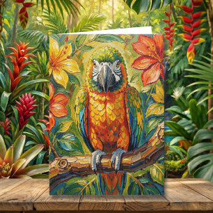 Pretty Impasto Colorful Parrot   Happy Birthday Card