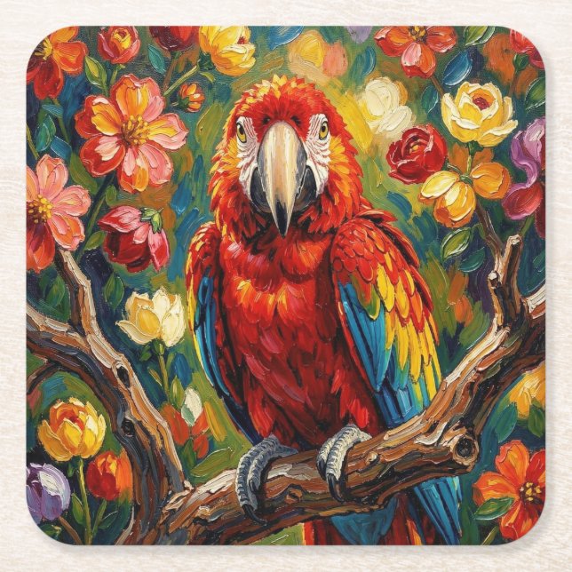 Pretty Impasto Macaw Parrot  Square Paper Coaster (Front)