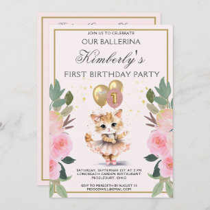 Pretty in Pink Ballerina Girl First Birthday  Invitation