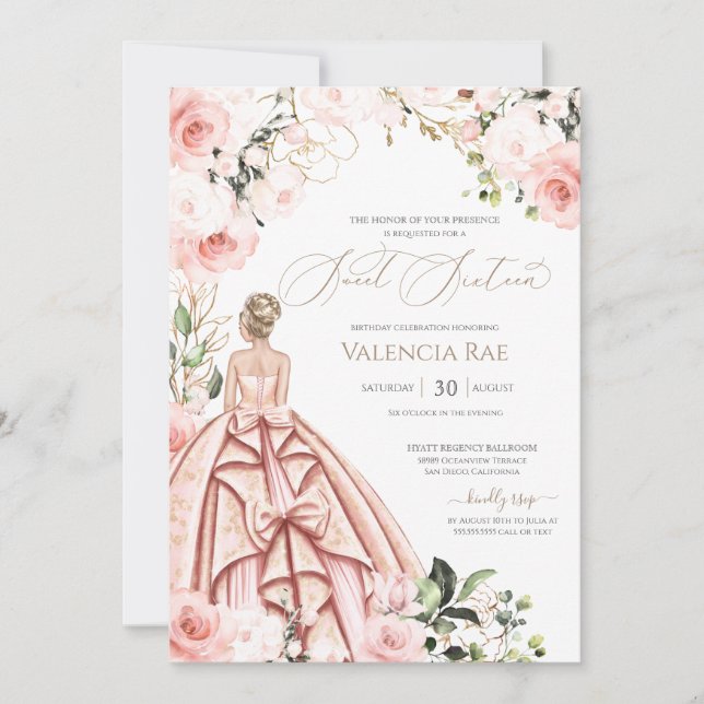 Pretty in Pink Beautiful Gown Blush Roses Sweet 16 Invitation (Front)