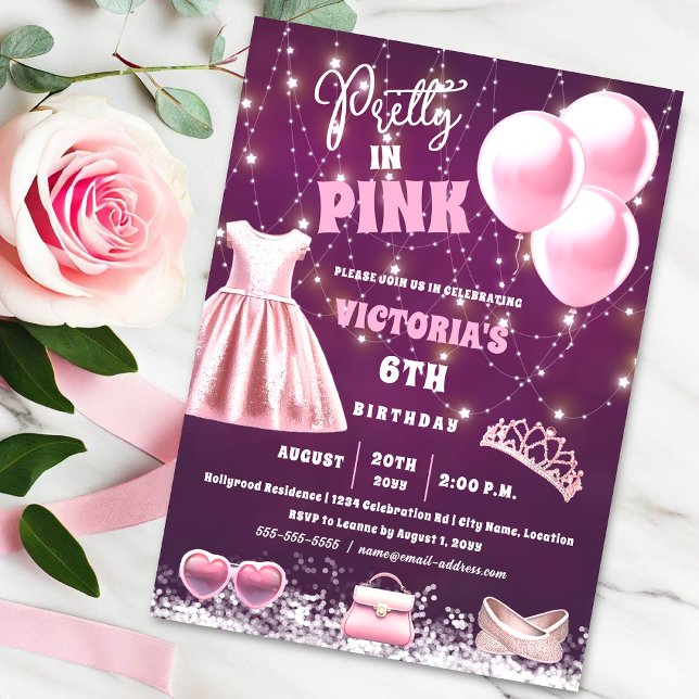Pretty in Pink Birthday Party Invitation (Pretty in pink young girl's birthday party invitation with girly pink fashion and accessories.)