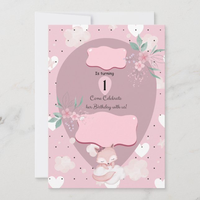 Pretty in Pink Fox  1st Birthday invitation  (Front)