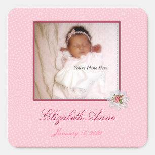 Pretty In Pink Girly Photo Birth Announcement Square Sticker