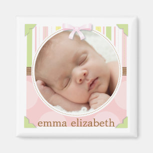 Pretty in Pink & Green Stripes + Dots Birth Photo Magnet
