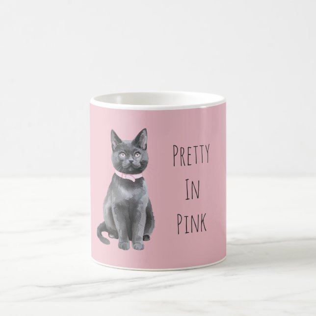 Pretty in Pink Grey Cat Coffee Mug (Center)