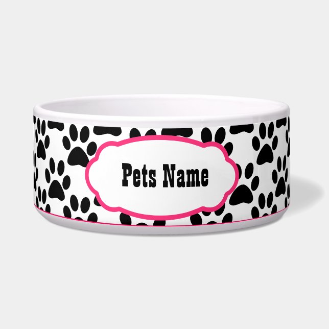 Pretty in Pink Paw Print Personalised Dog Bowl (Front)
