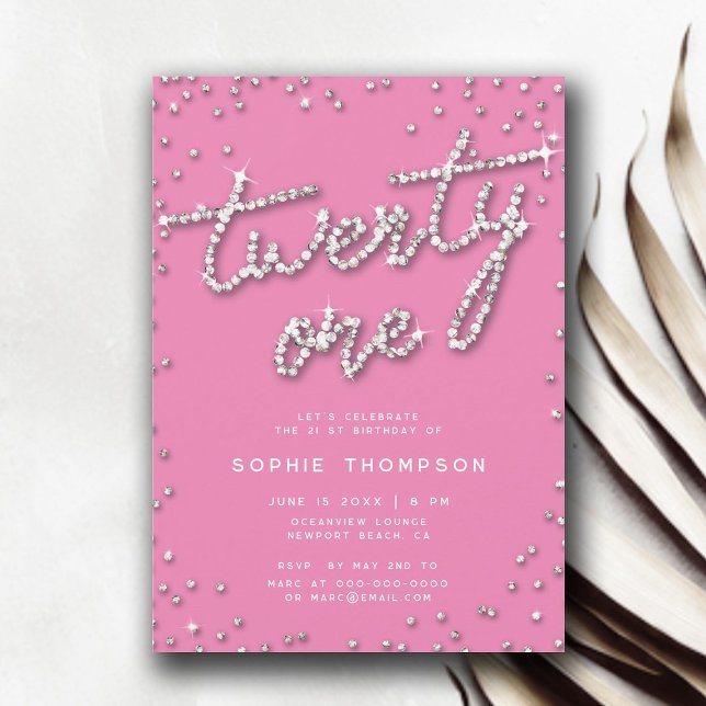 Pretty in Pink Rhinestones Elegant 21st Birthday Invitation (pretty in pink rhinestones 21st birthday invite for girls elegant modern simple classy invitation)