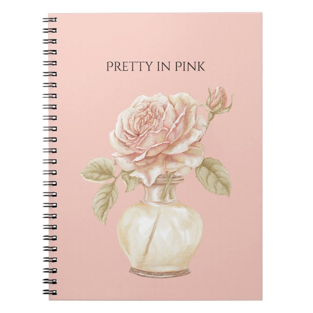 Pretty in Pink Rose Flower in Vase Notebook (Front)