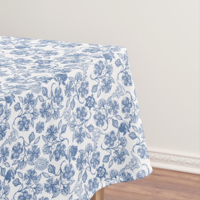 Pretty Indigo Blue Ethnic Floral Print Tablecloth (In Situ)