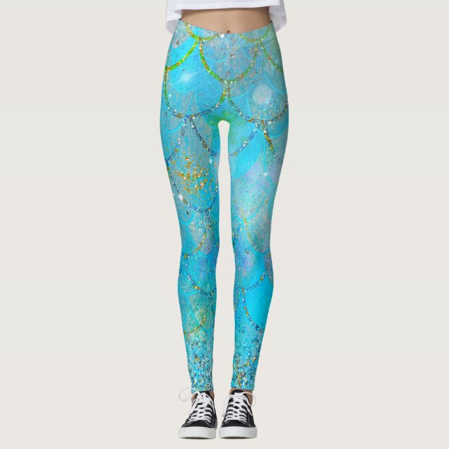 Pretty Iridescent Blue Shimmer Mermaid Scales Leggings (Front)