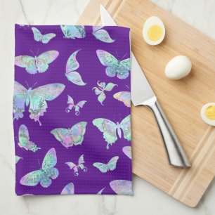 Pretty Iridescent Butterflies on Purple Tea Towel