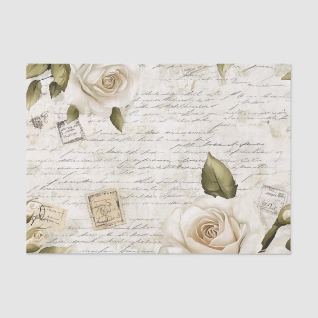 Pretty Ivory Roses on Simulated Text and Stamps Tissue Paper (Front)