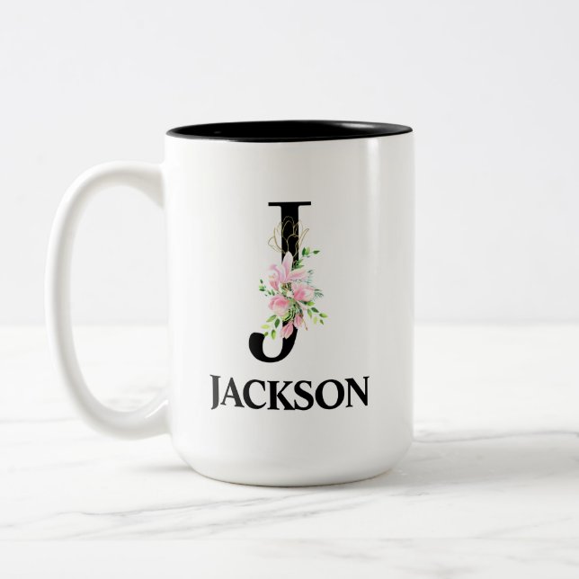 Pretty J Monogrammed Initial Two-Tone Coffee Mug (Left)