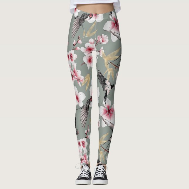 Pretty Japanese Pink Cherry Blossom Pattern Leggings (Front)