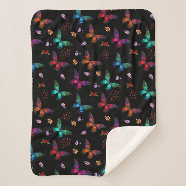 Pretty Jewel Tone Butterflies on Black Sherpa Blanket (Front)