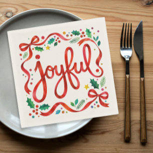 Pretty Joyful Colourful Christmas Red Ribbon Napkin