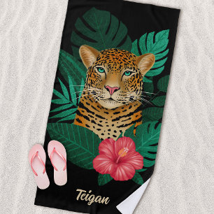 Pretty Jungle Leopard Floral Art Black Name Beach Towel