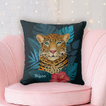 Pretty Jungle Leopard Floral Art | Black | Name Cushion<br><div class="desc">This pretty throw pillow features a hand drawn / painted leopard, with tropical jungle leaves in shades of blue, as well as a bright pink hibiscus flower, over a custom colour background (shown in dark navy blue). A text template is included for easy personalisation. Modern and colourful - makes a...</div>