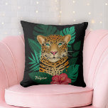 Pretty Jungle Leopard Floral Art | Black | Name Cushion<br><div class="desc">This pretty throw pillow features a hand drawn / painted leopard, with tropical jungle leaves and a bright pink hibiscus flower over a custom colour background (shown in black). A text template is included for easy personalisation. Modern and colourful - makes a great gift! *Artwork / Illustration by Tracey Khalei...</div>