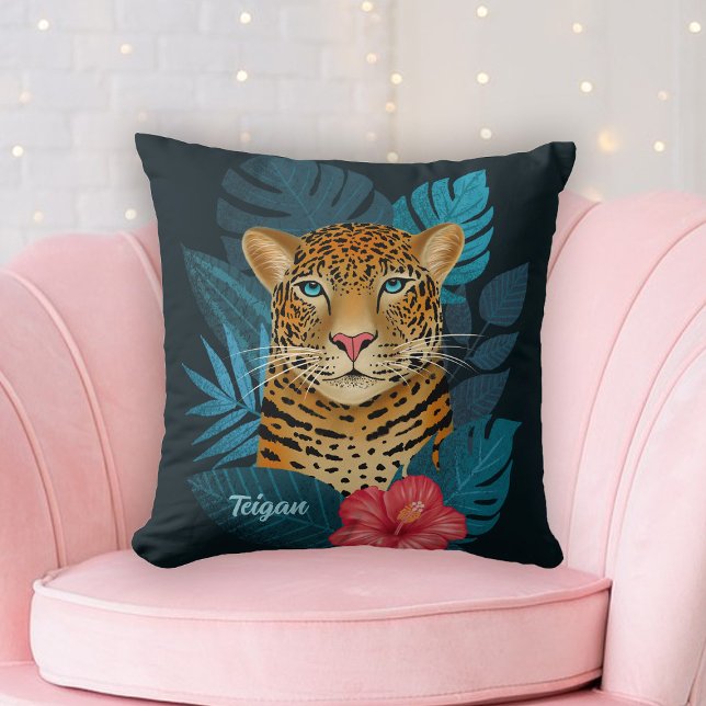 Pretty Jungle Leopard Floral Art | Black | Name Cushion (Creator Uploaded)