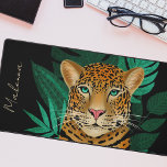 Pretty Jungle Leopard Floral Art | Black| Name Desk Mat<br><div class="desc">This stunning desk mat features a hand drawn / painted leopard, with tropical jungle leaves in shades of green over a custom colour background (shown in black). A text template is included for easy personalisation. Modern, beautiful, and unique - makes a great gift! *Artwork / Illustration by Tracey Khalei /...</div>