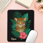 Pretty Jungle Leopard Floral Art | Black | Name Mouse Pad<br><div class="desc">This stunning mousepad features a hand drawn / painted leopard,  with tropical jungle leaves and a bright pink hibiscus flower over a custom colour background (shown in black). Modern,  beautiful,  and colourful - makes a great gift! 
*Artwork / Illustration by Tracey Khalei / Orabella Prints</div>