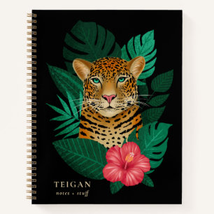 Pretty Jungle Leopard Floral Art   Black   Name Notebook