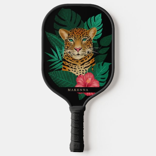 Pretty Jungle Leopard Floral Art | Black | Name Pickleball Paddle (Back)