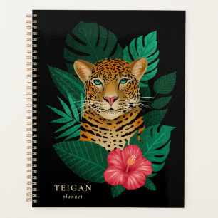 Pretty Jungle Leopard Floral Art Black Name Planner