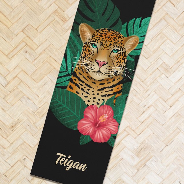 Pretty Jungle Leopard Floral Art | Black | Name Yoga Mat (Creator Uploaded)