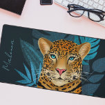 Pretty Jungle Leopard Floral Art | Blue | Name Desk Mat<br><div class="desc">This stunning desk mat features a hand drawn / painted leopard, with tropical jungle leaves in shades of blue over a custom colour background (shown in dark navy blue). A text template is included for easy personalisation. Modern, beautiful, and unique - makes a great gift! *Artwork / Illustration by Tracey...</div>