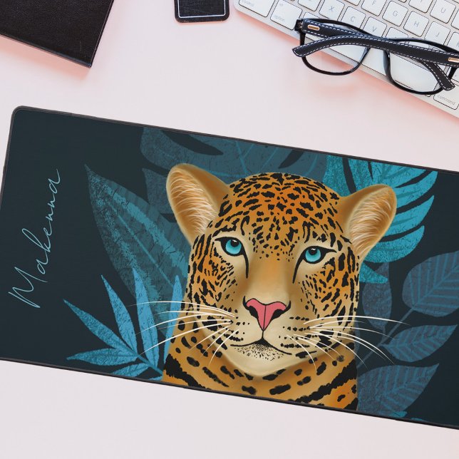 Pretty Jungle Leopard Floral Art | Blue | Name Desk Mat (Creator Uploaded)
