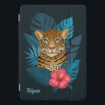 Pretty Jungle Leopard Floral Art | Blue | Name iPad Pro Cover<br><div class="desc">This stunning ipad cover features a hand drawn / painted leopard, with tropical jungle leaves in shades of blue, as well as a bright pink hibiscus flower, over a custom colour background (shown in navy blue). A text template is included for easy personalisation. Modern, beautiful, and unique - makes a...</div>