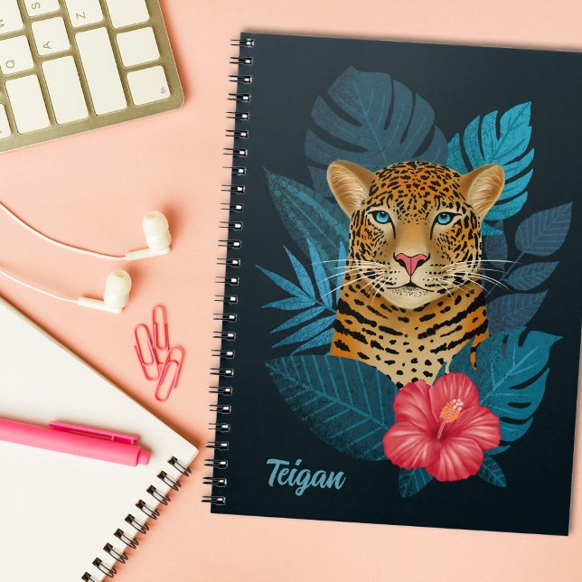 Pretty Jungle Leopard Floral Art | Blue | Name Notebook (Creator Uploaded)